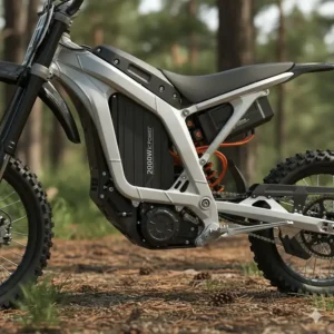 Close-up view of the 2000W electric motor and battery pack on a dirt bike chassis.