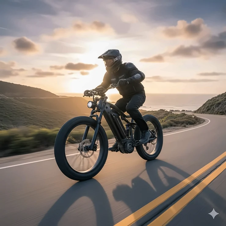 Powerful 40 mph electric bike with full suspension and fat tires speeding down an open road.