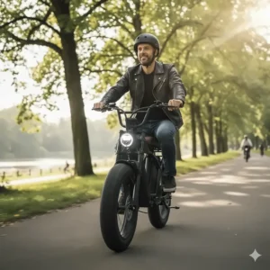 An adult cruising on a moped style electric bike along a paved scenic trail.