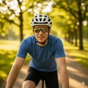 A close-up of a cyclist wearing a helmet while riding a low-cost electric bike, emphasizing safety.