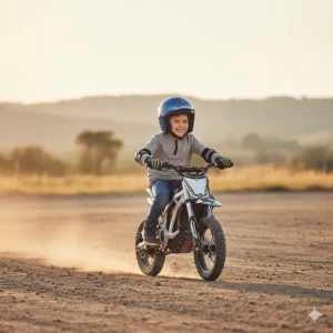A young rider learning basic skills on a small, quiet electric pit bike, perfect for beginners.