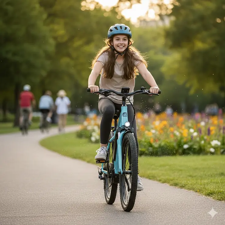 A happy 13-year-old riding a safe, age-appropriate electric bike on a paved path, wearing a helmet and looking comfortable.