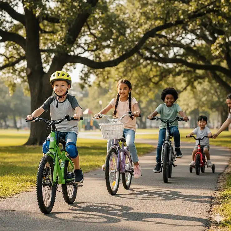 A young boy wearing a helmet riding the best electric bike for kids on a paved park path, smiling and looking confident.