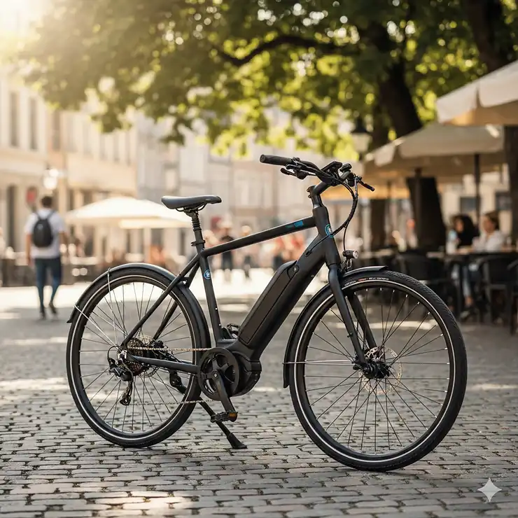 A new, sleek electric bike under $1000 with a black frame and a visible battery pack, parked on an urban street. best electric bike under $1000