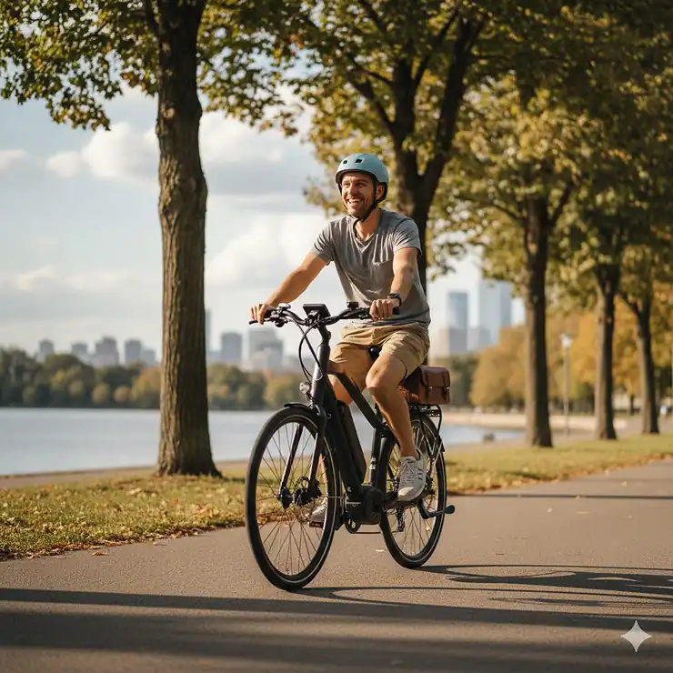 A rider smiling as they pedal a sleek, black electric bike under $1500 along a scenic city path, highlighting affordability and quality.