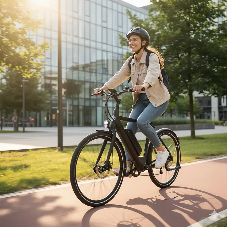 The best electric bike under $500, an affordable commuter model with a sleek black frame and bright LED headlight, being ridden on a sunny city street.