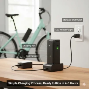 The simple process of charging an electric bike battery, with a charger plugged into a standard wall outlet.