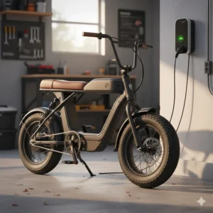 Moped style electric bike plugged in and charging in a garage or charging station.