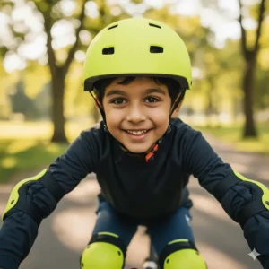 Close-up of a child wearing a high-visibility yellow helmet and knee pads, emphasizing safety when riding an electric bike.