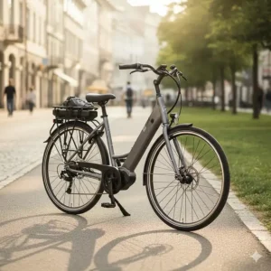 A gray commuter electric bike with fenders and a rear rack, perfect for city riding and daily trips, available under $1500.