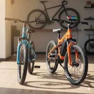 A comparison shot of two different models, highlighting the size and feature differences between an entry-level and a premium electric bike for kids.