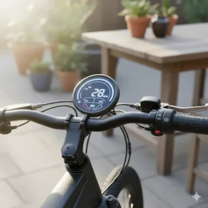 Close-up view of the digital display and controls of a moped style electric bicycle.