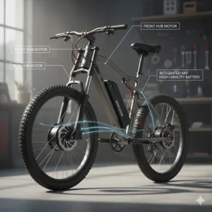Diagram showcasing the powerful 2000w electric bike dual motor system, providing enhanced acceleration and climbing ability.