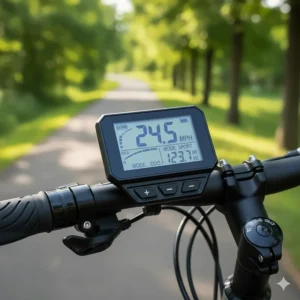 A small LCD display panel mounted on the handlebar showing speed and battery life.