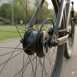 A close-up shot of the rear wheel hub-drive motor on an electric bike, illustrating the power system found on models under $1500.