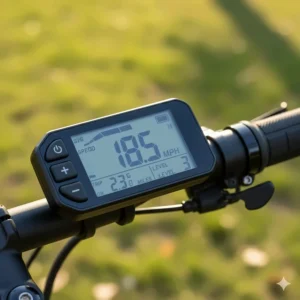 A clear, bright LCD display on an electric bicycle's handlebar, showing speed and battery level for a model priced under $1500.