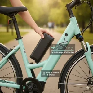 Detachable lithium-ion battery pack powering a small-to-medium frame electric bike, highlighting its typical range.
