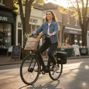 Using the best electric bike under $500 for running quick neighborhood errands, demonstrating its utility as a budget transportation option.