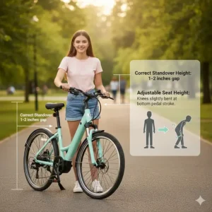 Diagram illustrating the correct frame and wheel sizing for a beginner electric bike for a 13-year-old rider.