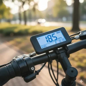 Simple LCD display on a budget electric bike under $500, showing essential ride data like current speed and remaining battery life.
