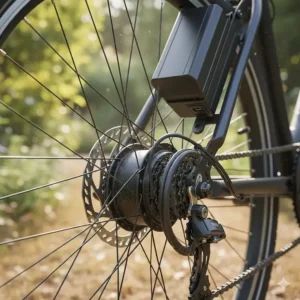 Close-up of a 250W rear electric bike hub motor, showing the limited power typically found in bikes under $500.