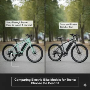Side-by-side comparison of a step-through and a standard frame electric bike suitable for a 13-year-old.