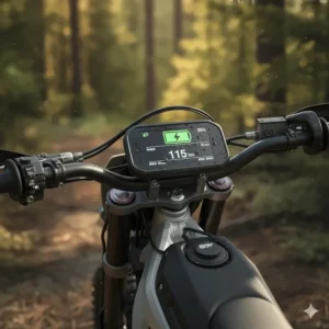Digital display showing the electric dirt bike's battery level and approximate riding range.