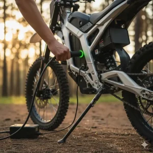 Image showing the accessible charging port for the 2000w electric dirt bike being plugged in.