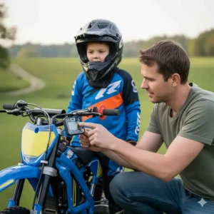 A parent adjusting the speed limiter and safety cutoff switch on a child's electric dirt bike.