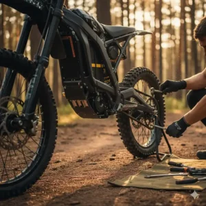 Owner performing simple electric dirt bike maintenance on the chainless drivetrain.