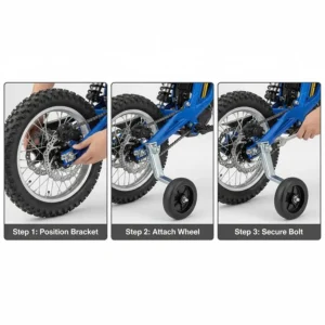 Step-by-step diagram showing the simple installation of the training wheels onto the rear axle of an electric dirt bike.