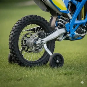 Close-up view of the electric dirt bike with training wheels, highlighting the sturdy metal supports.