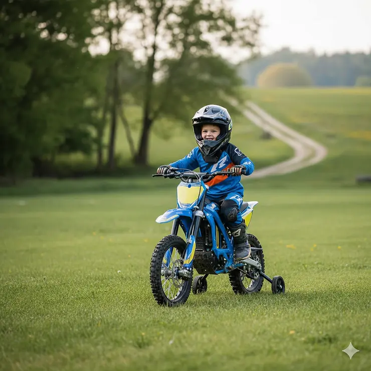 Young child safely riding a small electric dirt bike with training wheels on a flat grass surface.