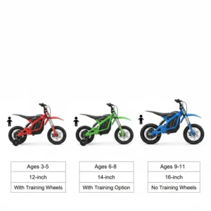 Chart or comparison showing different electric dirt bike sizes suitable for various age groups and the option for training wheels.