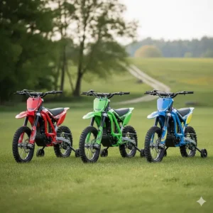 Three different colors (e.g., red, blue, green) of a popular model of electric dirt bike with training wheels lined up.