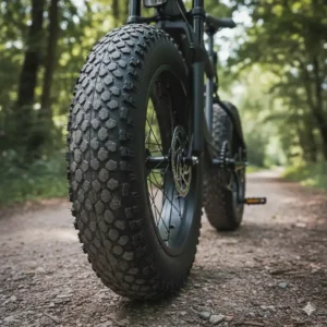 Durable fat tires on a moped style electric bike for increased stability and off-road capability.