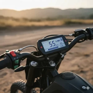Digital dashboard and handlebar controls on an electric pit bike, featuring speed and battery indicator.
