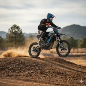 A rider launching an electric pit bike off a small ramp, demonstrating its capability for tricks and jumps.