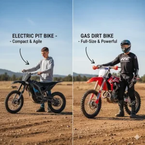 Size comparison showing a compact electric pit bike next to a larger gas-powered dirt bike.