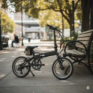 A compact, folding electric bike on a sidewalk next to a bench, showing how easy it is to store and transport on a budget.