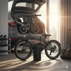 Compact, folded design of a budget-friendly electric bike under $500, highlighting the convenience for city commuters and easy storage.