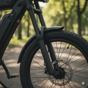 Detailed shot of the front suspension fork on a moped-style electric bike for a smooth ride.