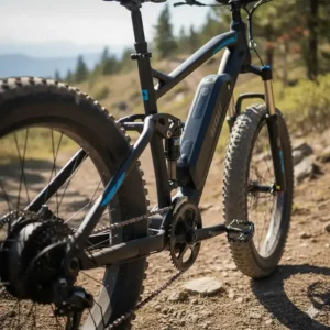 Illustration of the full suspension system (front fork and rear shock) on the all-terrain 2000W dual motor electric bike.