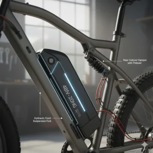 Illustration of the full suspension system (front fork and rear damper) for comfort and control on a 2000w electric bike.