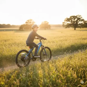 A happy child enjoying the ride on their new electric bike in a sunny, open field, showing the fun factor.