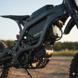 Close-up of the high-capacity lithium-ion battery and electric motor on a modern electric pit bike.