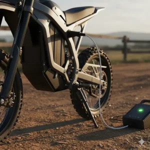 A simple illustration demonstrating the easy process of plugging in and charging an electric pit bike.