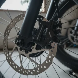 Close-up of responsive hydraulic disc brakes, a critical safety feature for high-speed 2000w electric bikes.