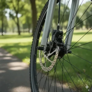 A detailed view of hydraulic disc brakes on the front wheel of a value-packed electric bike, a key safety feature for powerful, budget-friendly models.