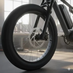 High-performance hydraulic disc brakes providing crucial stopping power for a fast 40 mph electric bike.